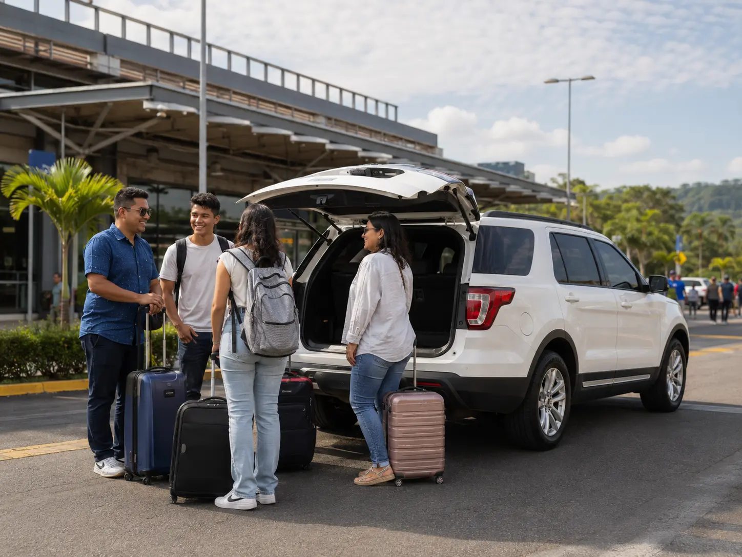 Grupo de cuatro pasajeros con maletas junto a una SUV blanca con el portón abierto frente al aeropuerto