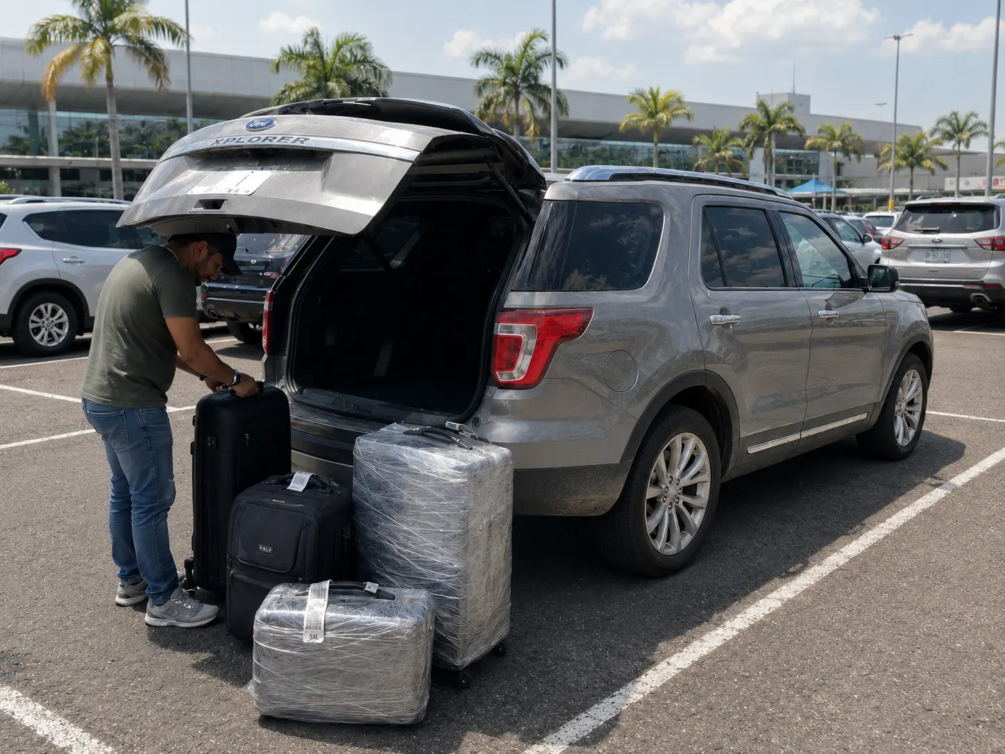 Persona acomodando cinco maletas en el portón trasero de una SUV gris de tres filas